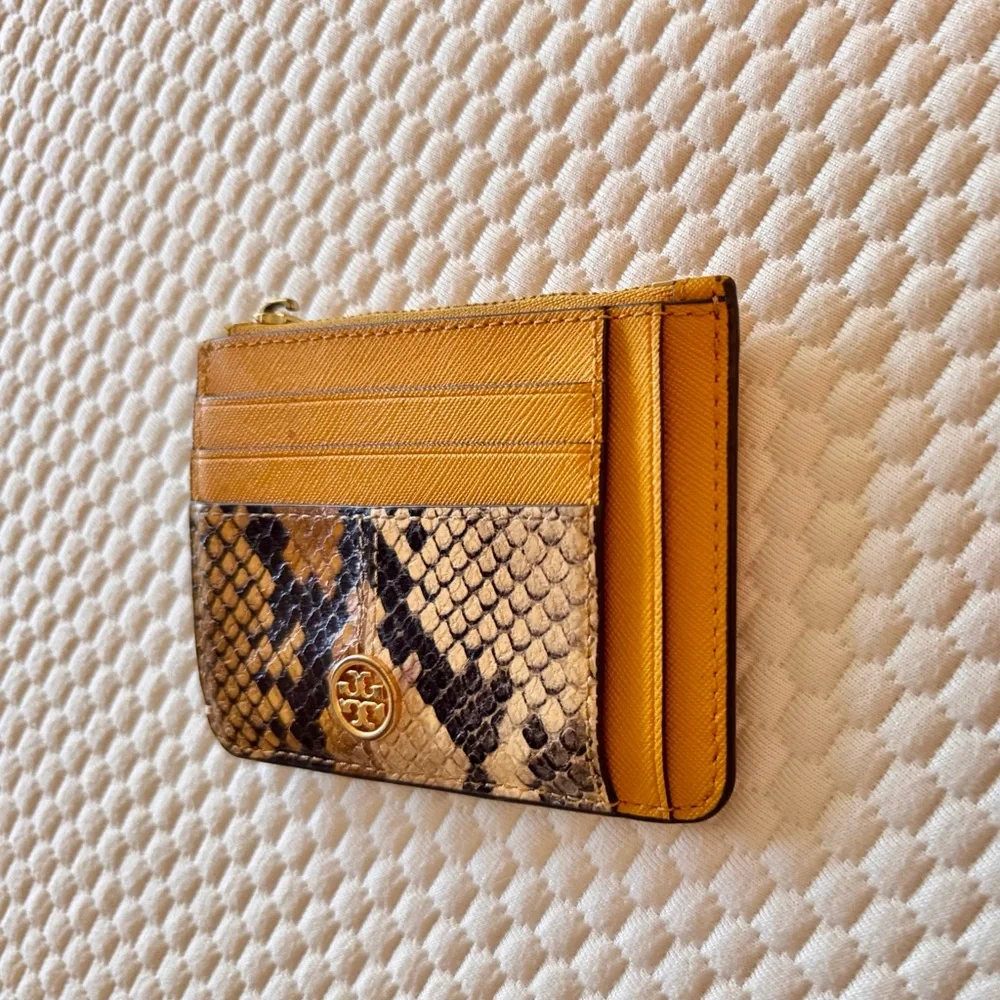TORY BURCH Mustard Yellow & Snakeskin Card Holder Zipper Wallet